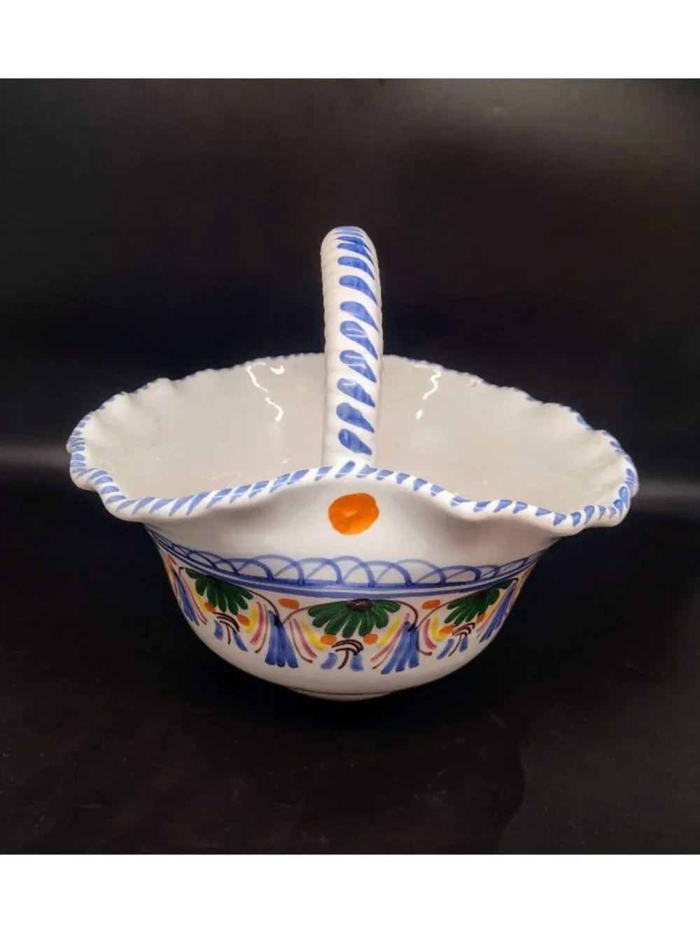 Vintage Spanish Art Pottery Ruffle Handle Basket Handmade Floral 6.25